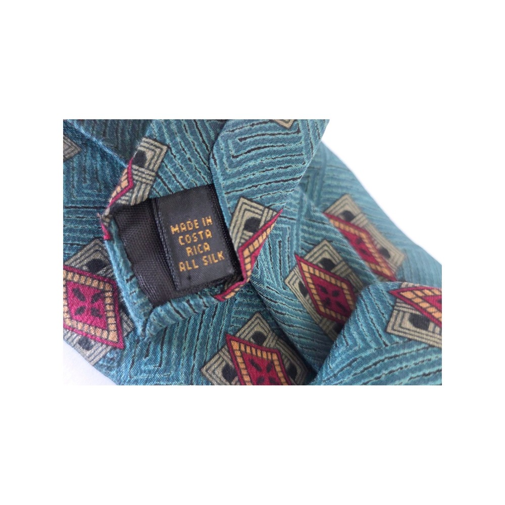 VTG Karl Lagerfeld Silk Tie Teal Blue Burgundy Geometric Diamond Pattern 3.75" - Picture 5 of 5